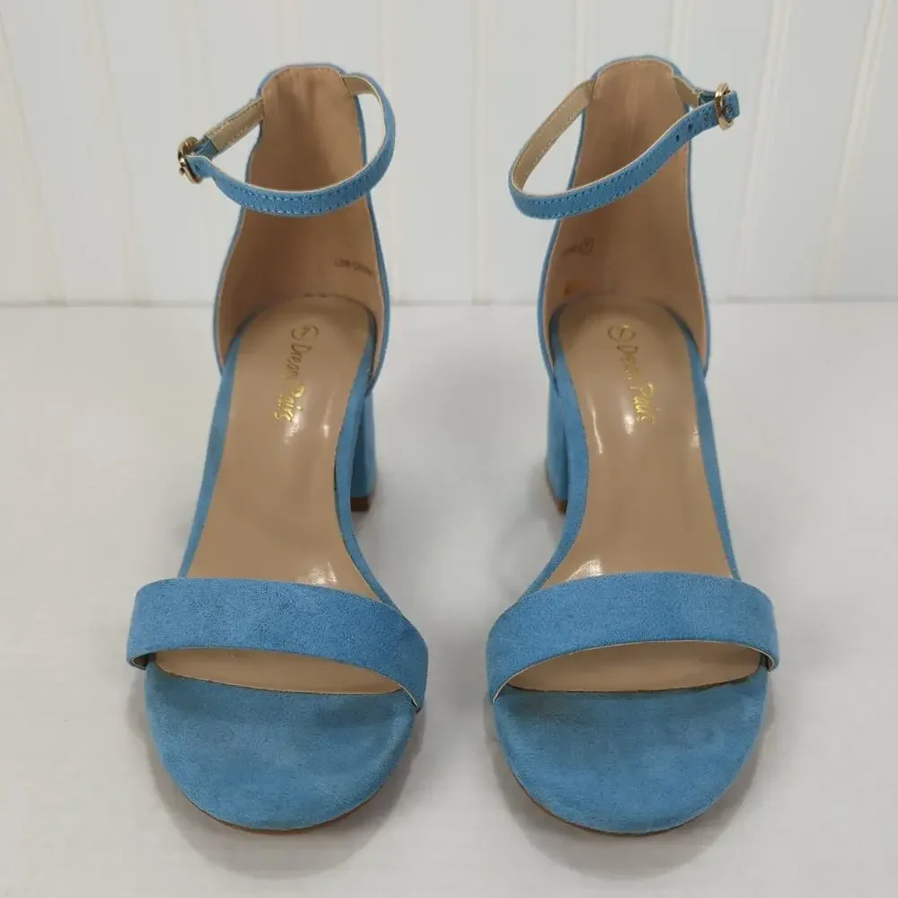Dream Pairs Blue Strappy Block Heel Sandals Ankle Strap Buckle Open Toe Womens 7